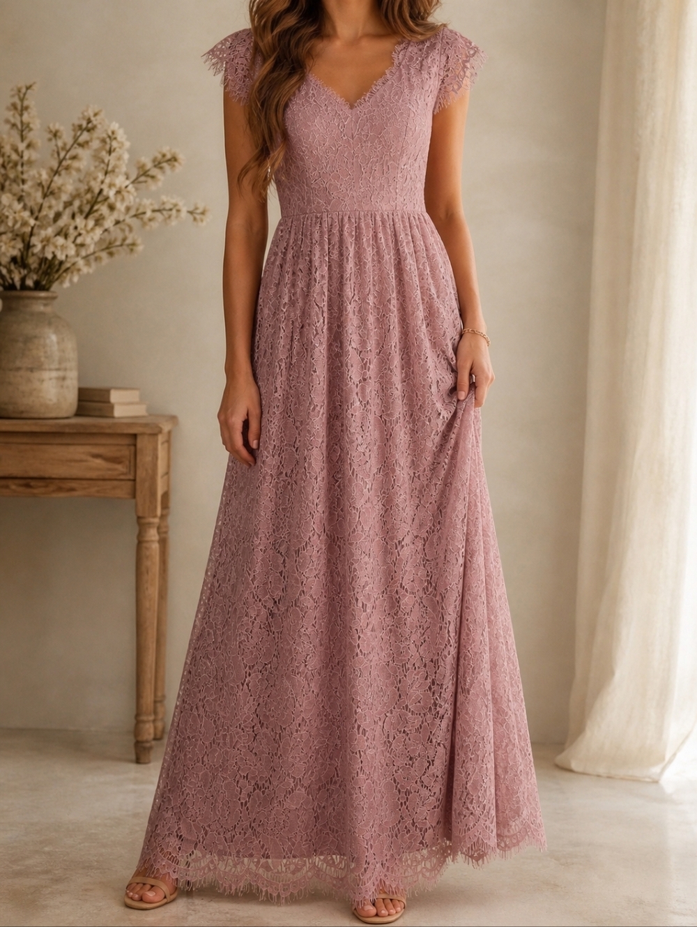 Dry Lake Kayla Long Dress Dusty Mauve Lace Maxi Dress Eyelash Lace M